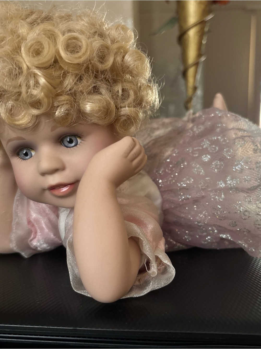 Porcelain Curly-Hair Doll in Pink Sparkle Dress
